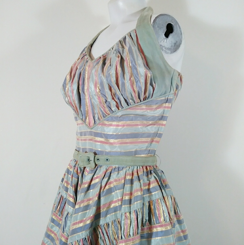 Vintage Designer DARYL 1950s Striped Cotton Candy Carnival halter Pinup dress